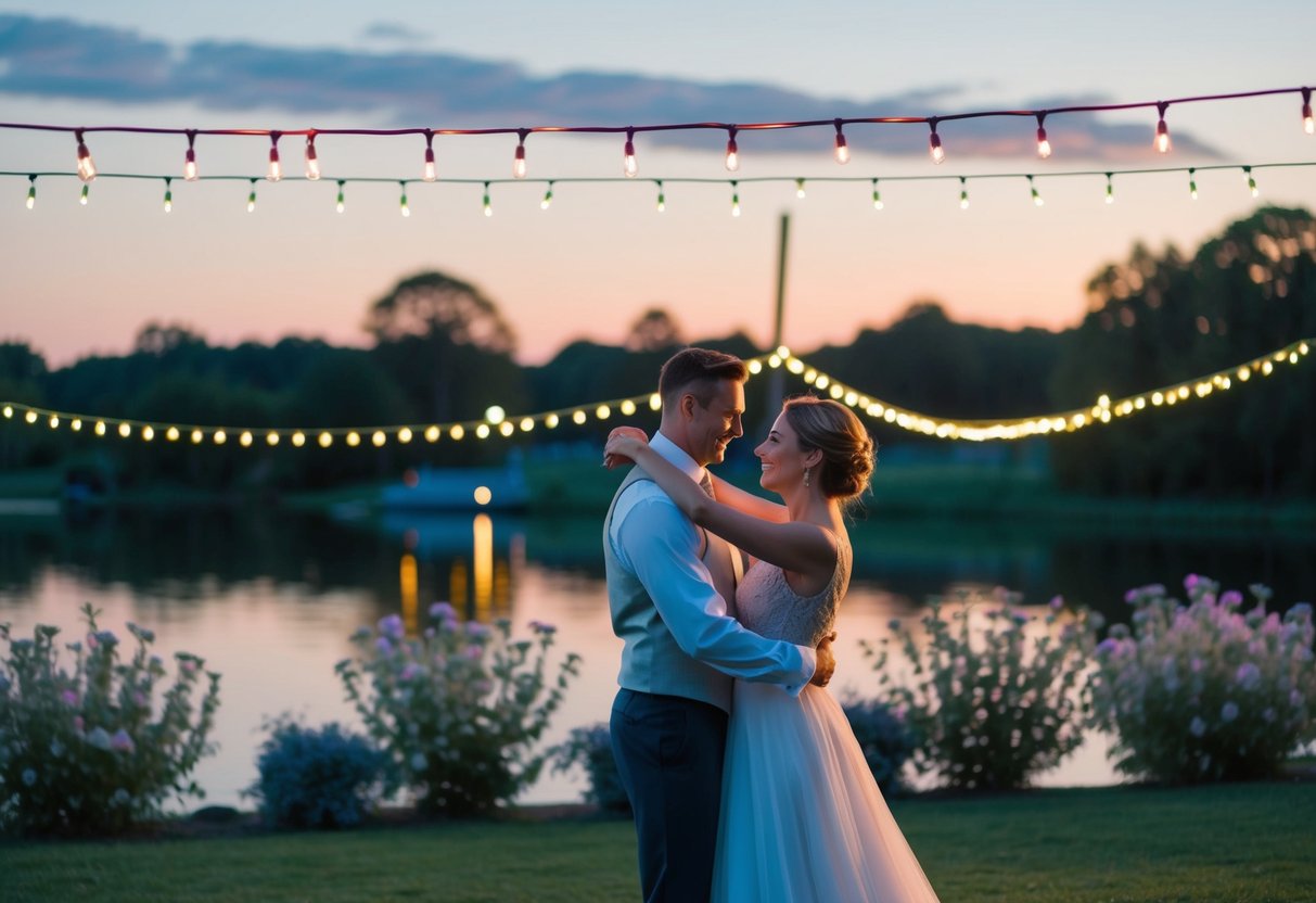 A couple dances under twinkling lights at dusk, surrounded by blooming flowers and a serene lake