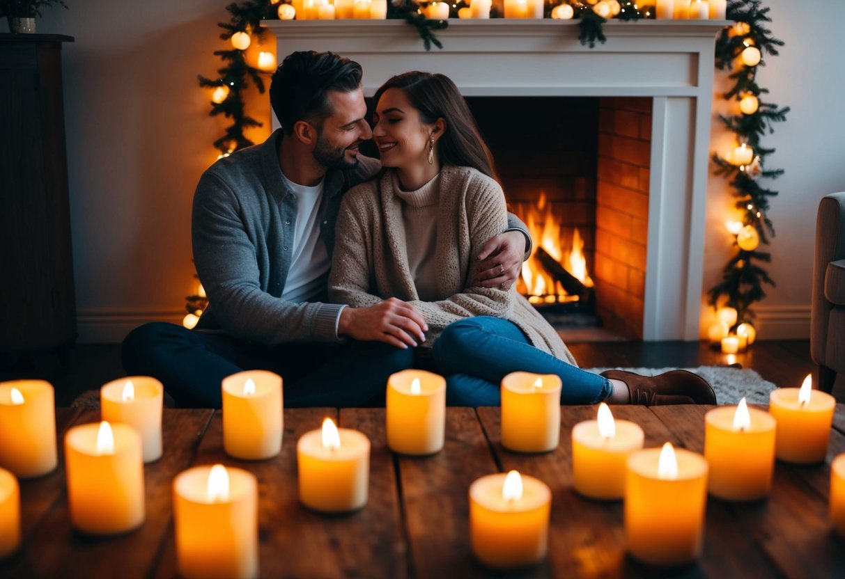 A couple sitting by a cozy fireplace, surrounded by flickering candles, as they listen to music and share a tender embrace
