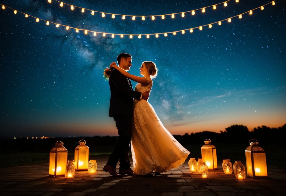 A couple dances under a starry night sky, surrounded by glowing lanterns and the soft glow of candlelight