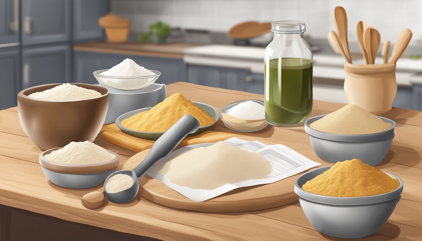 A kitchen counter with various baking ingredients and measuring tools, including a bag of cassava flour and a recipe book open to a page on substituting cassava flour for wheat flour