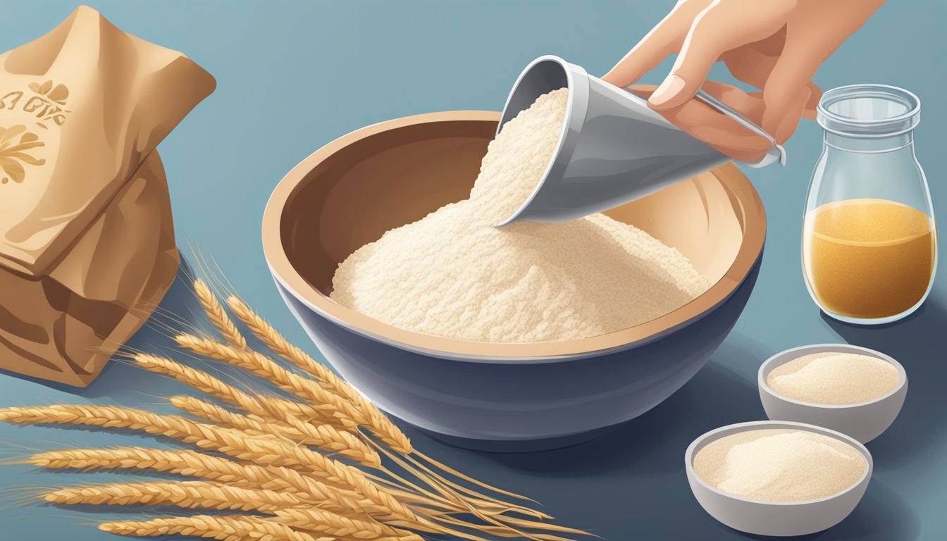 A person pouring cassava flour from a bag into a measuring cup, with a bowl of wheat flour and a recipe book nearby