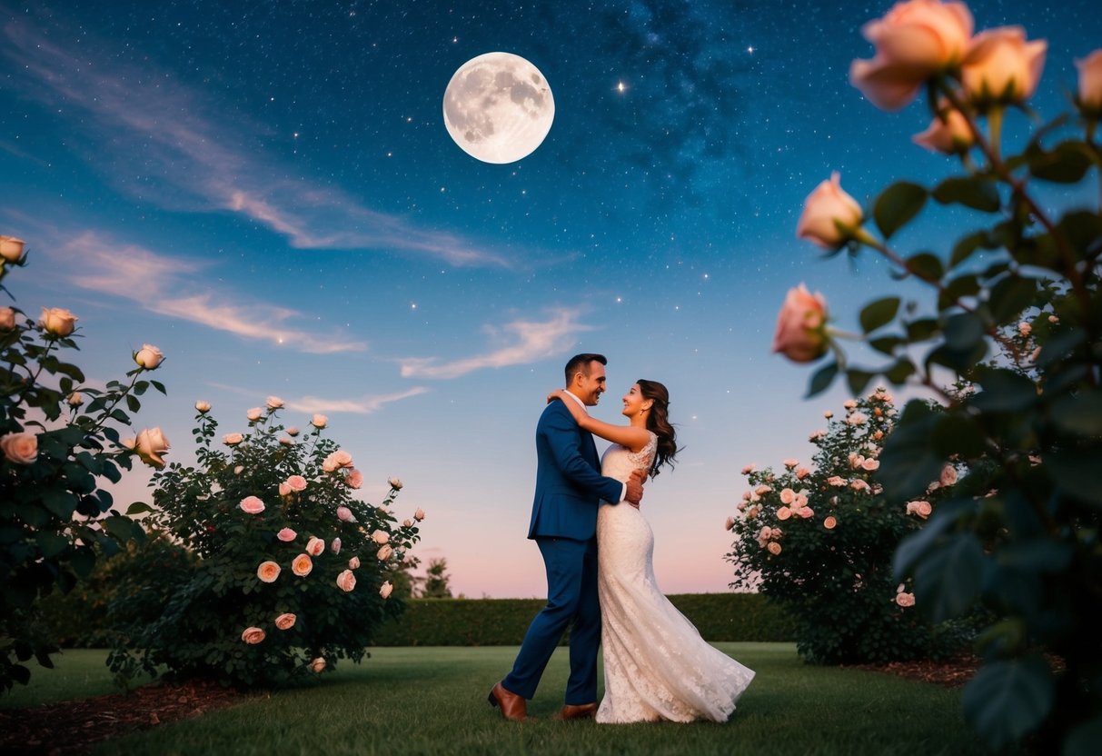 A couple dancing under a starry sky with a full moon, surrounded by blooming roses and a gentle breeze
