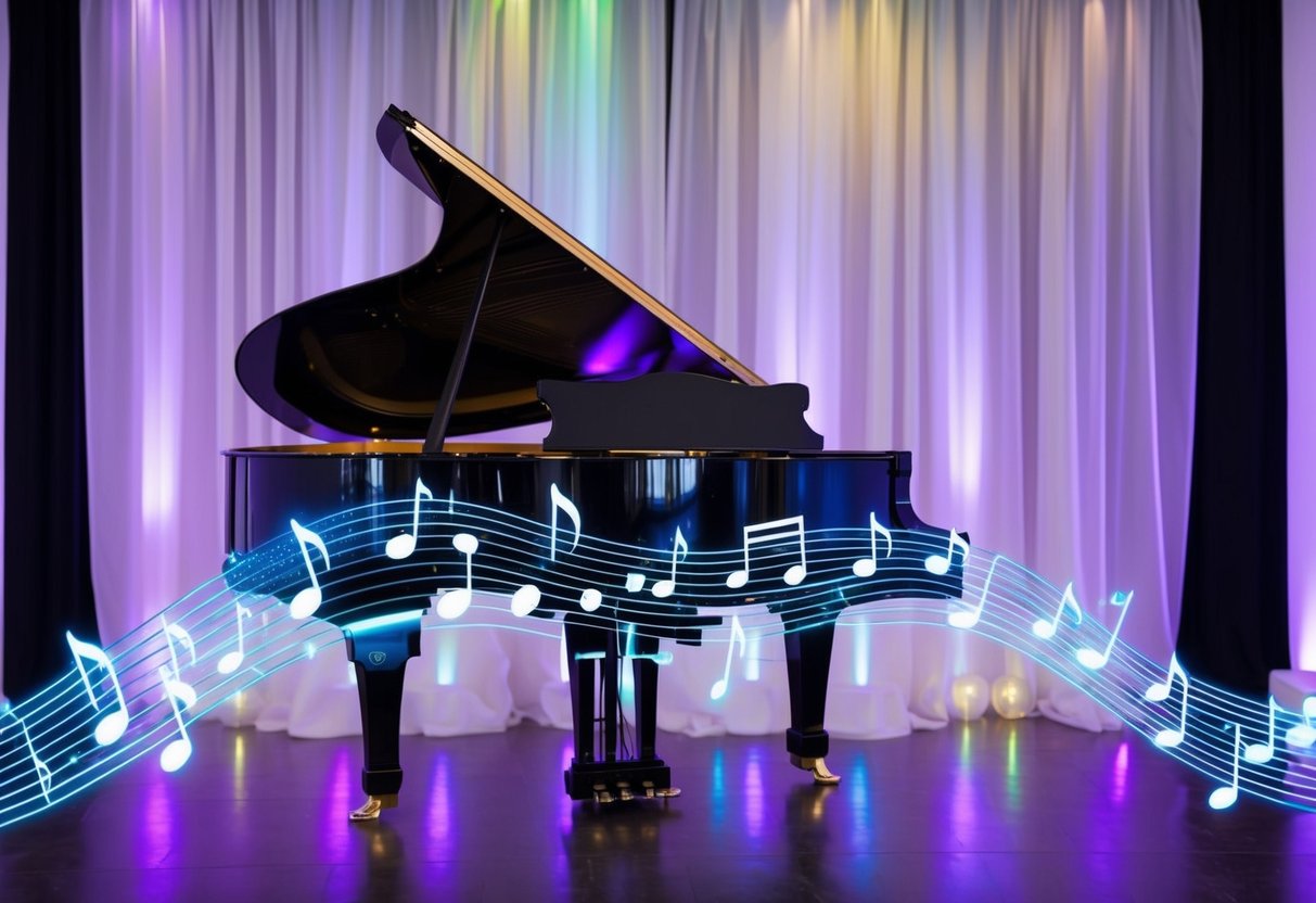 A grand piano surrounded by holographic musical notes, emitting colorful beams of light, set against a backdrop of futuristic wedding decor