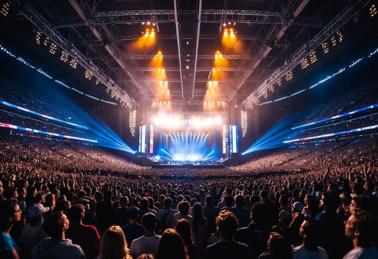 A crowded concert stadium with a massive stage, bright lights, and a roaring crowd