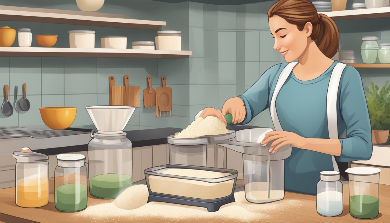 A person measuring and comparing different types of flour in a kitchen setting