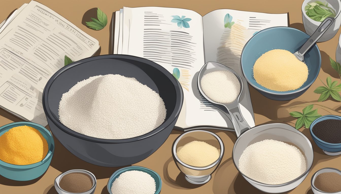 A kitchen counter with bowls of cassava and tapioca flour, measuring spoons, and a recipe book open to a page on alternative flour options