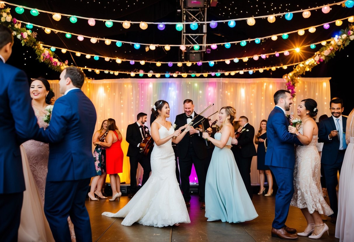A lively wedding band performs on a stage adorned with colorful lights as guests dance and mingle in a festive atmosphere