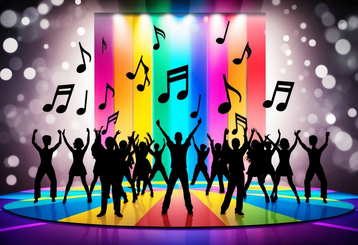 A colorful stage with musical notes floating in the air, surrounded by a crowd of dancing silhouettes