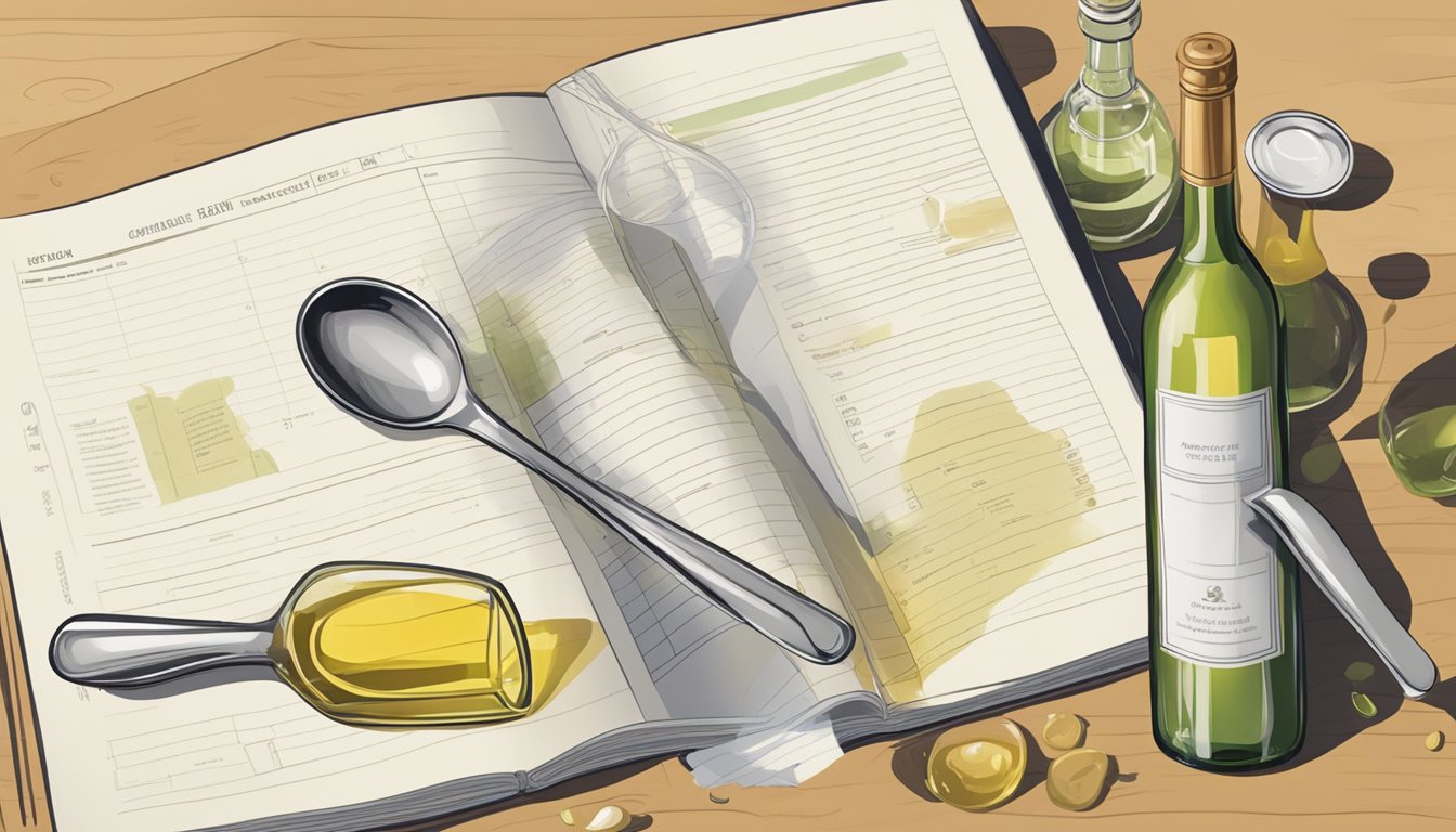 A kitchen counter with bottles of champagne and white wine vinegar, a measuring spoon, and a recipe book open to a page on substitution ratios