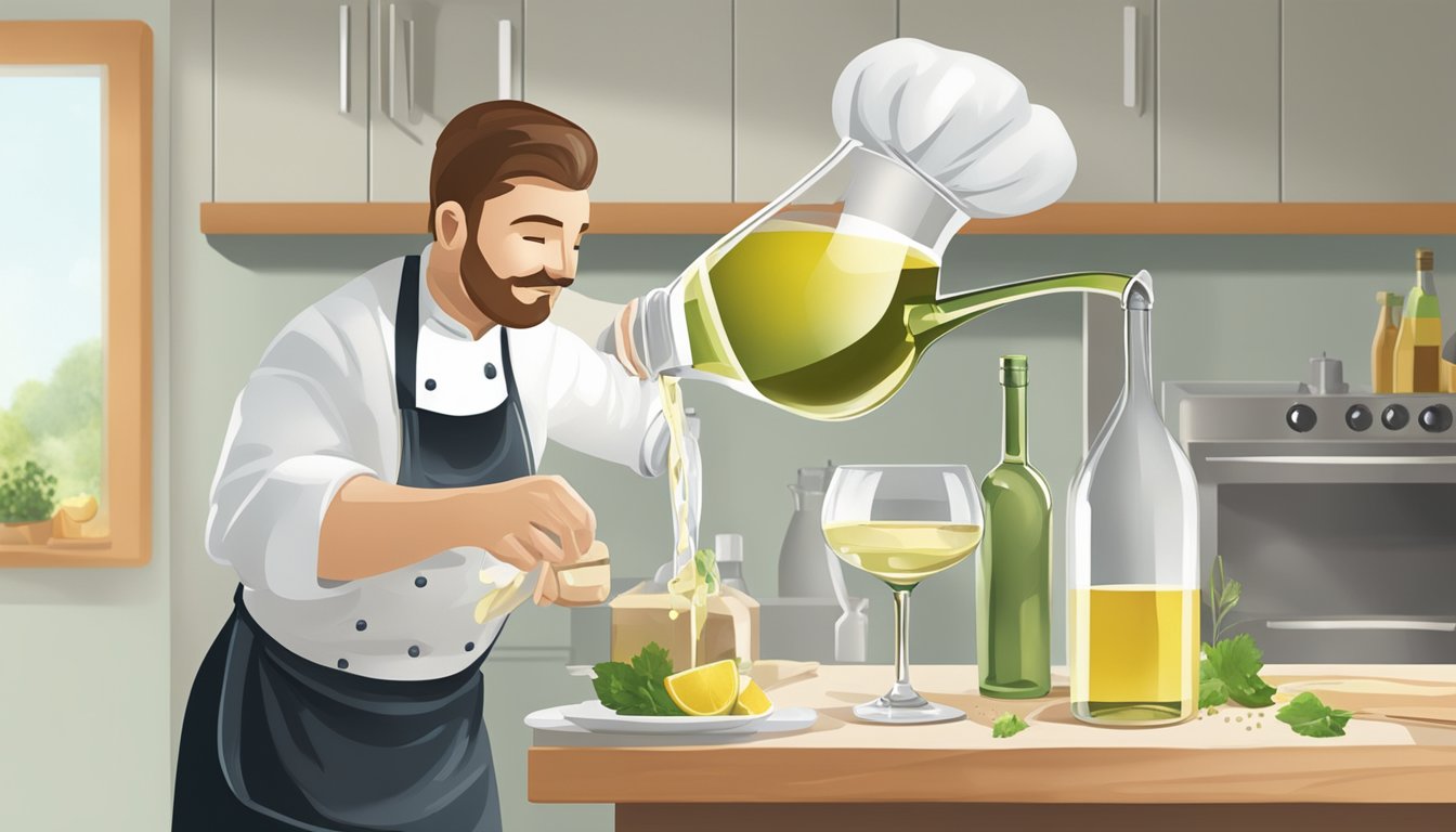 A chef pours champagne vinegar into a measuring spoon, while a bottle of white wine vinegar sits nearby on a kitchen counter