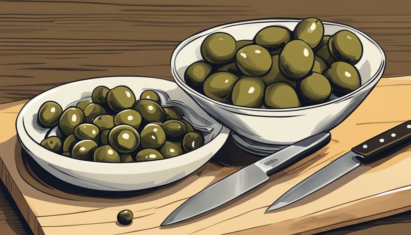 A small dish of capers next to a bowl of green olives, with a chef's knife and cutting board nearby