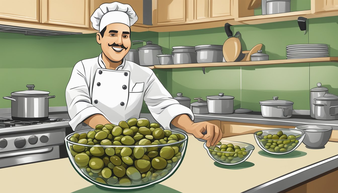 A chef reaching for a jar of capers next to a bowl of green olives on a kitchen counter