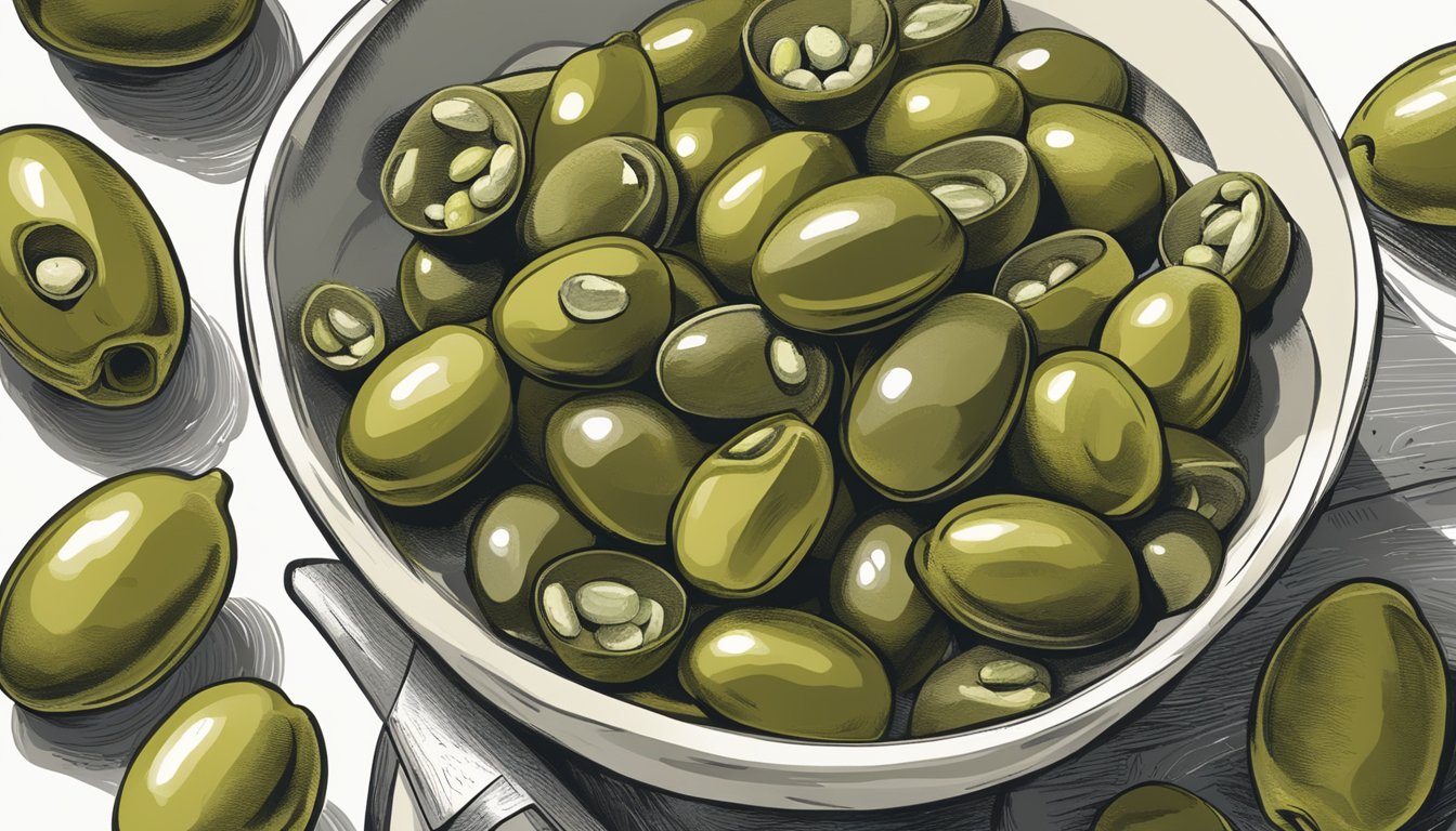 A bowl of green olives and capers side by side, with a knife slicing through both to compare their texture and size