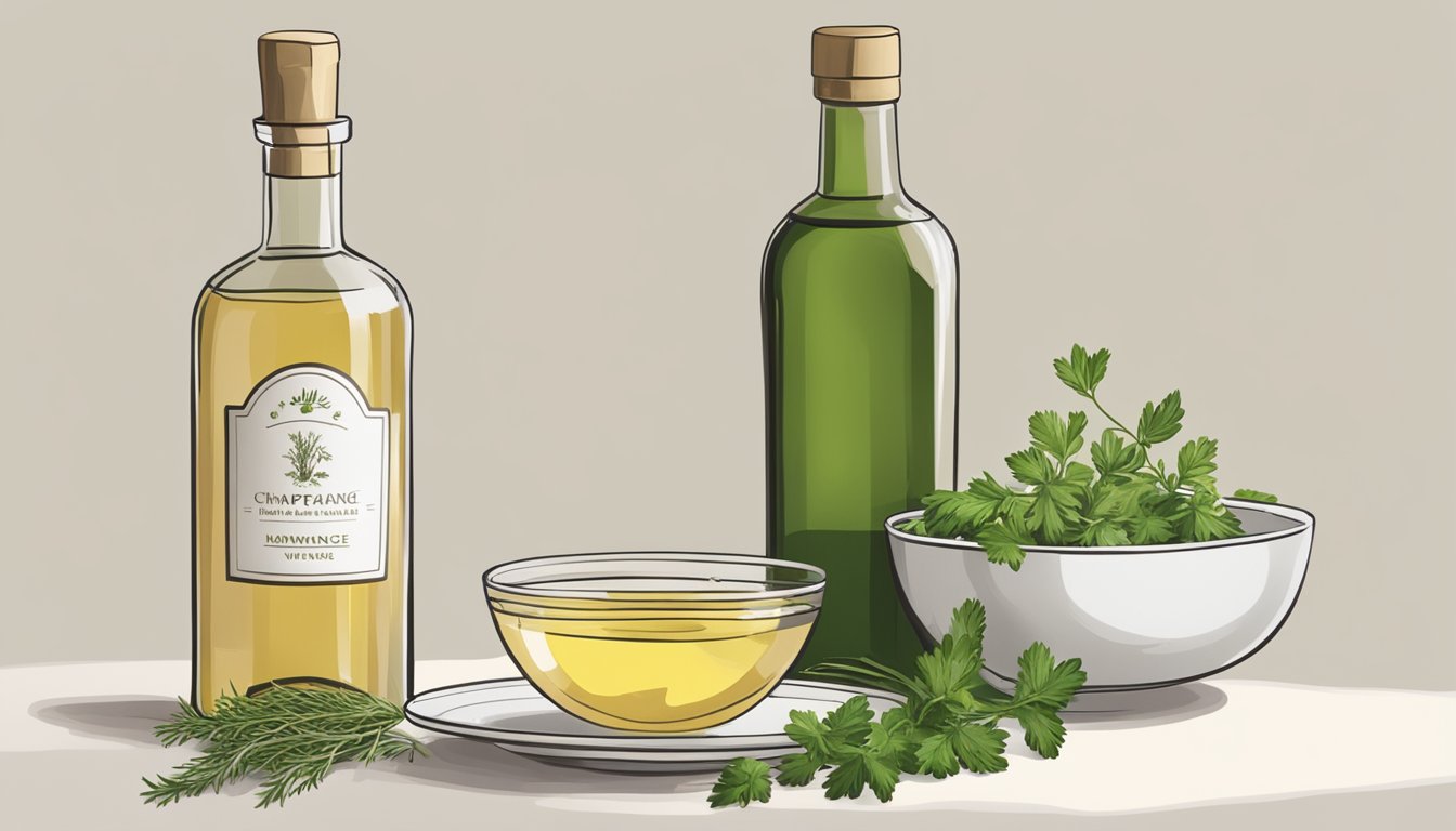 A glass bottle of homemade champagne vinegar sits next to a bowl of fresh herbs, with a bottle of white wine vinegar nearby