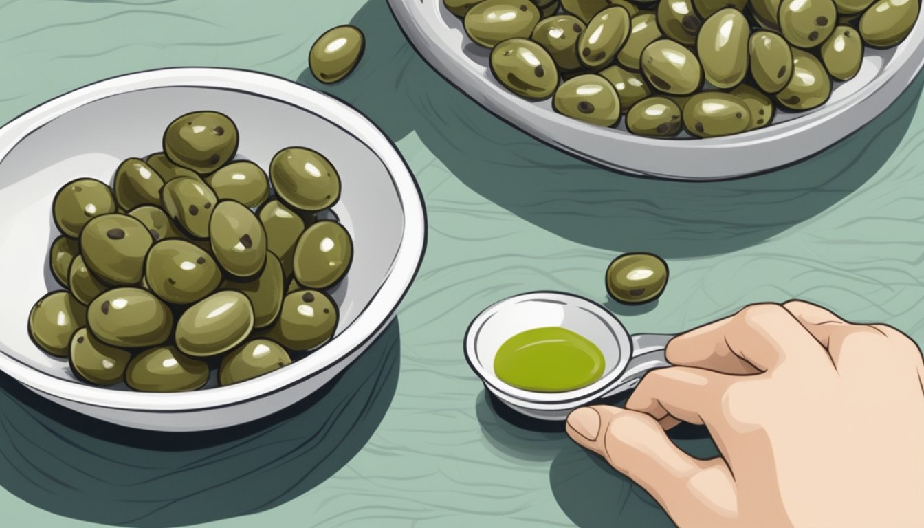 A small dish of capers next to a bowl of green olives, with a hand reaching for one