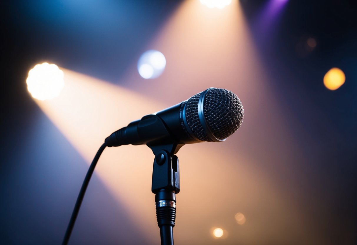 A microphone on a stage with a spotlight shining on it