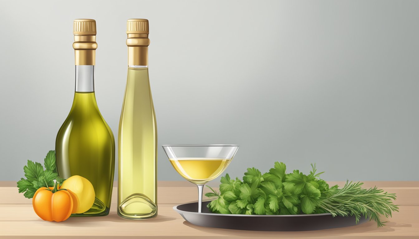 A bottle of champagne vinegar next to a bottle of white wine vinegar, with a bowl of fresh herbs and vegetables