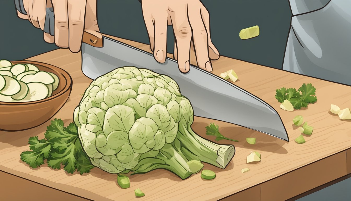 A chef chopping celeriac into small pieces to substitute for celery in a recipe, with both vegetables displayed on a cutting board