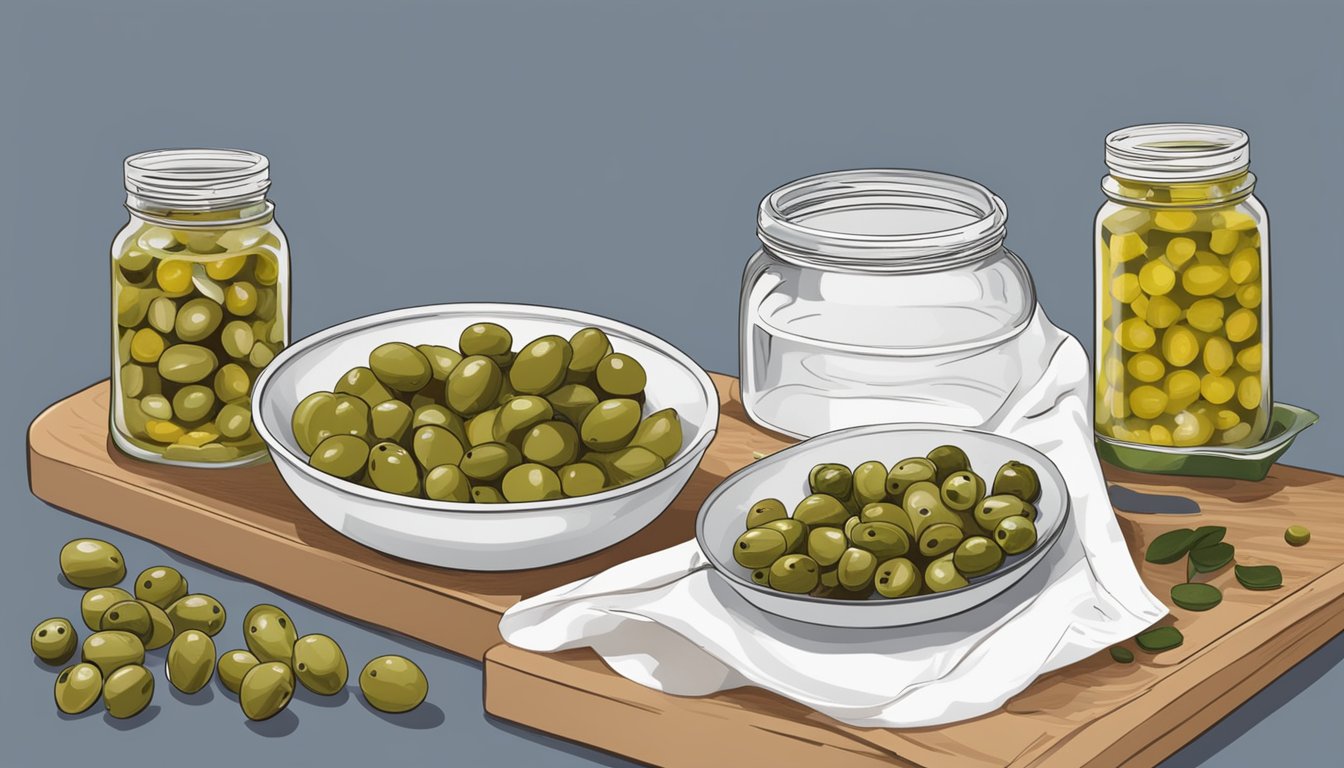 A chef's hand swaps green olives for capers in a recipe, with jars of both ingredients nearby