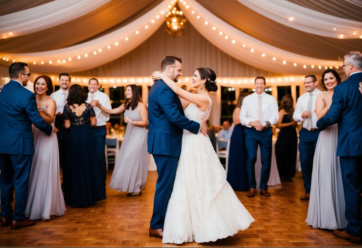 A couple dances under soft lights, surrounded by swaying guests