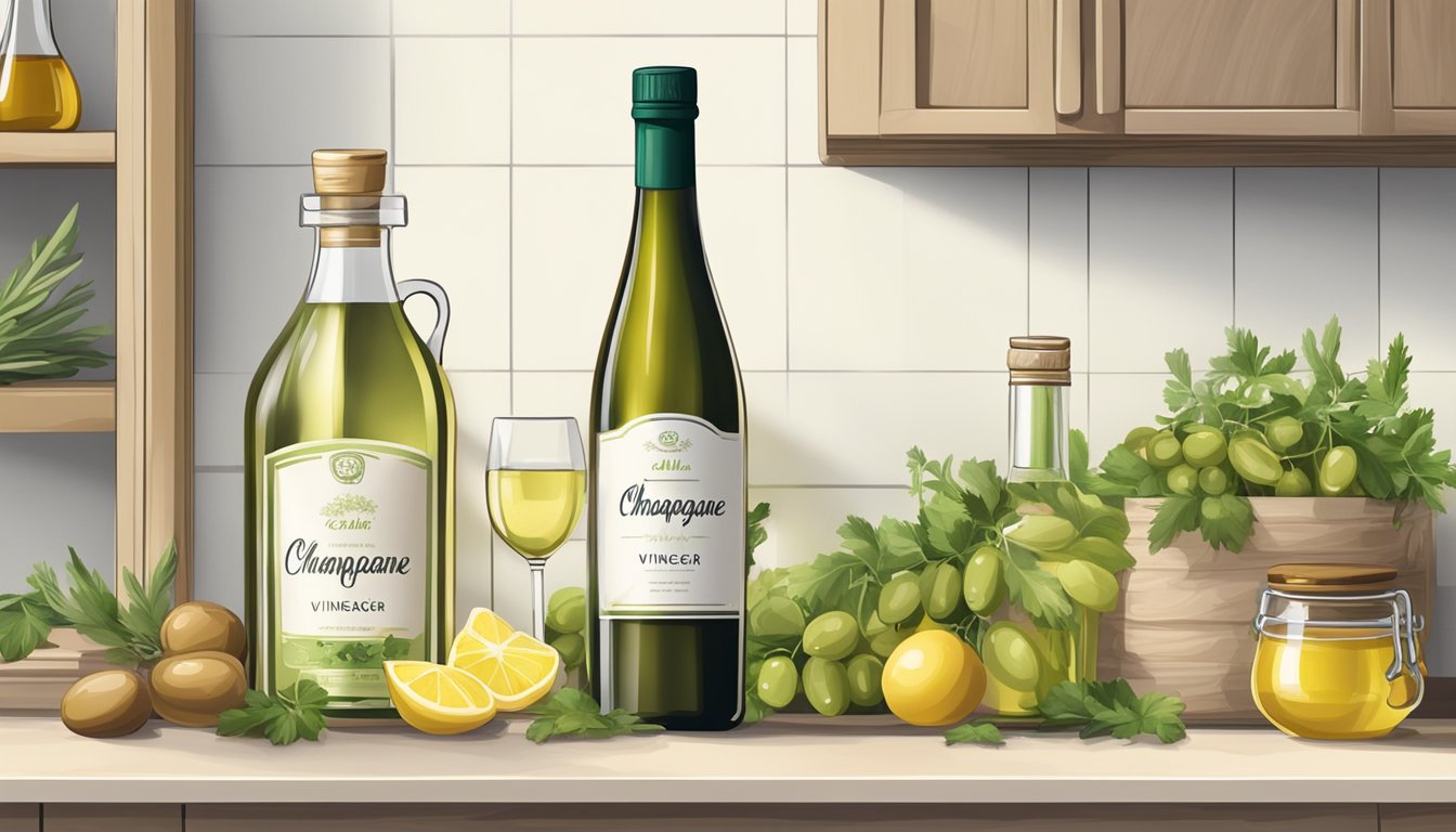 A bottle of champagne vinegar sits next to a bottle of white wine vinegar on a kitchen shelf, with ingredients like olive oil and herbs nearby