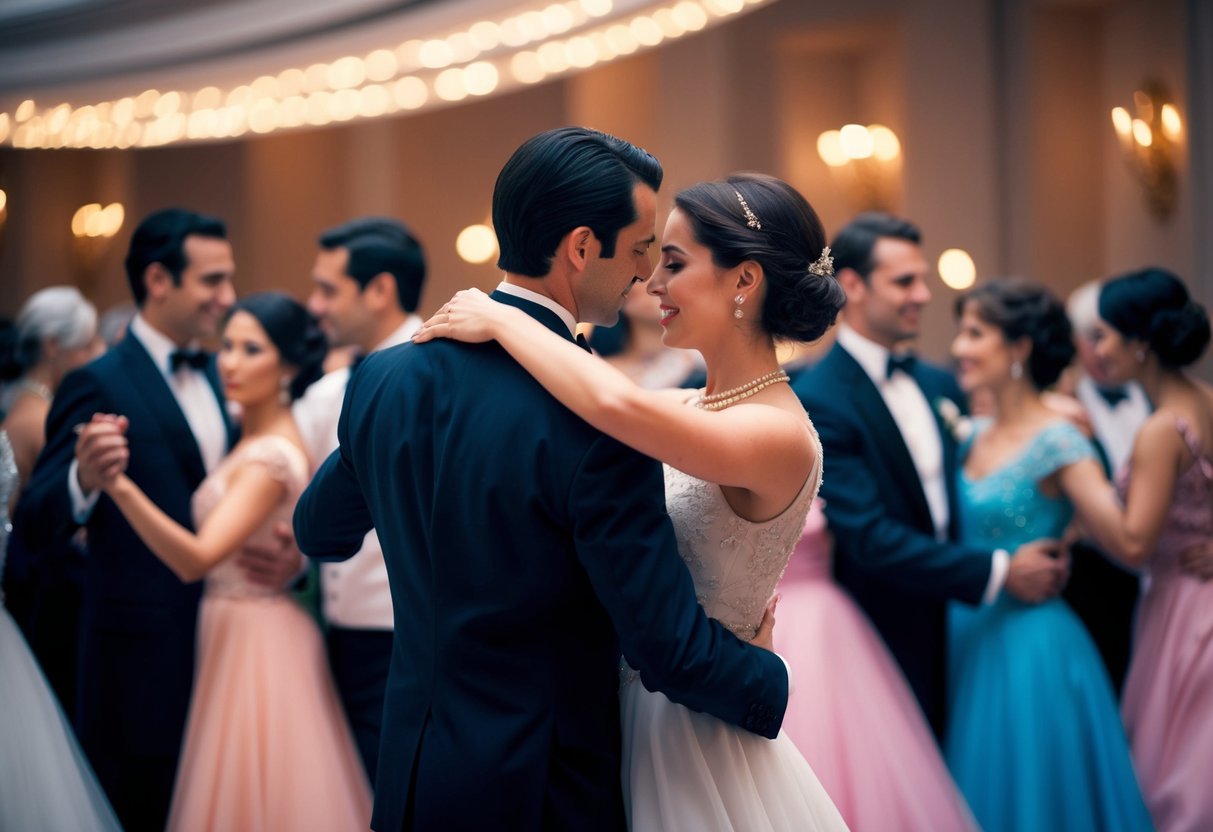 Couples dancing through the decades, from elegant waltzes to modern ballads, surrounded by a timeless romantic ambiance