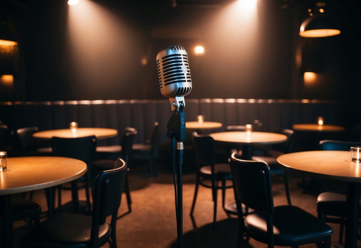 A dimly lit jazz club with a lone microphone on stage, surrounded by empty tables and chairs. A soft spotlight illuminates the microphone, creating a hushed and intimate atmosphere