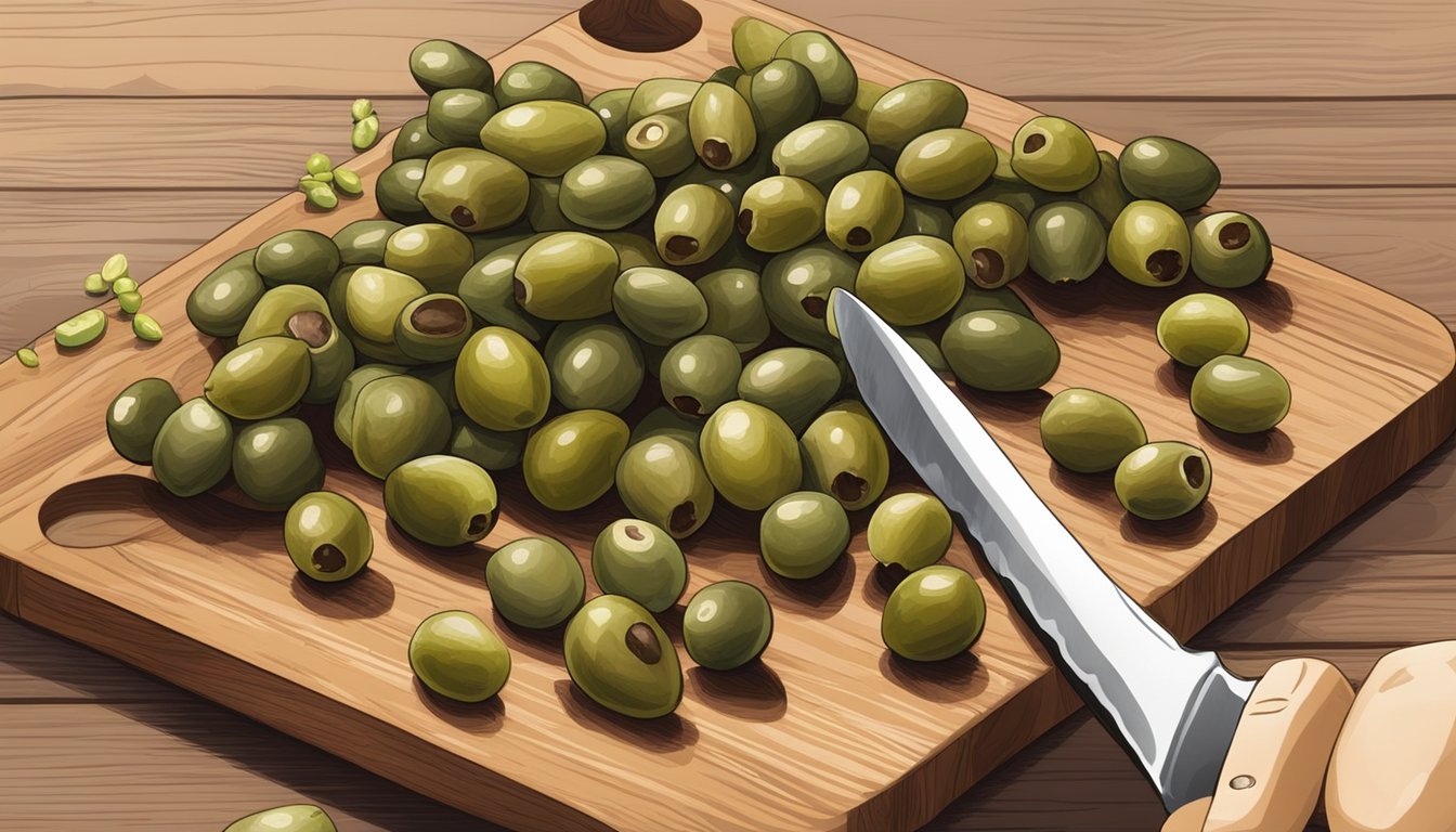 Capers and green olives on a cutting board, with a knife slicing through the capers as if to substitute for the olives in a recipe