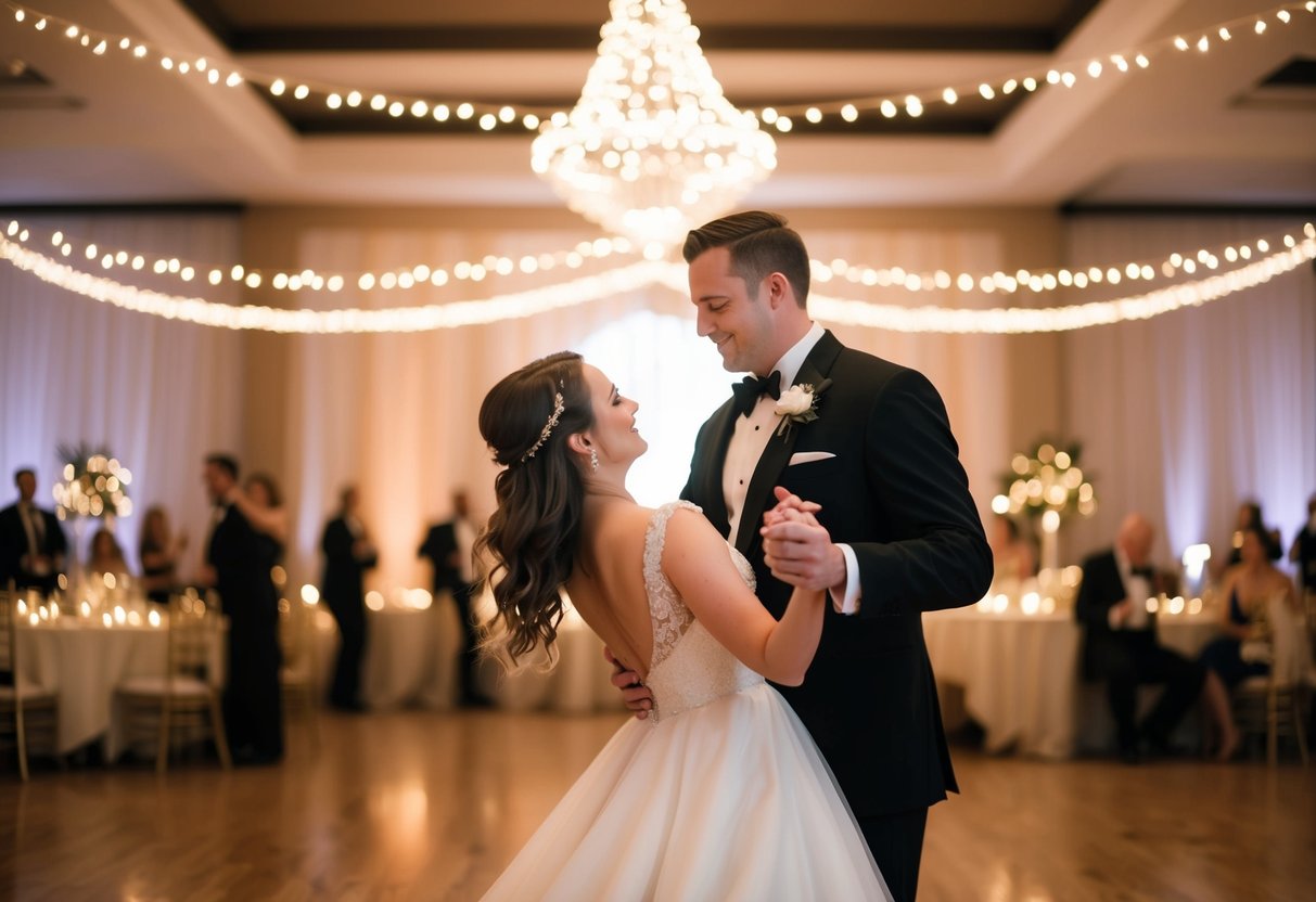 A couple dances in a softly lit ballroom, surrounded by twinkling lights and romantic decor. The song "At Last" plays in the background
