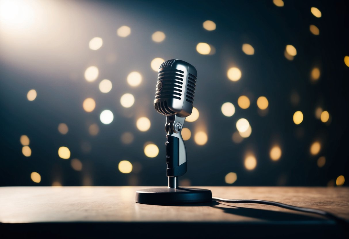 A microphone stands alone on a dimly lit stage, bathed in a spotlight. The air is filled with the sound of a classic love song