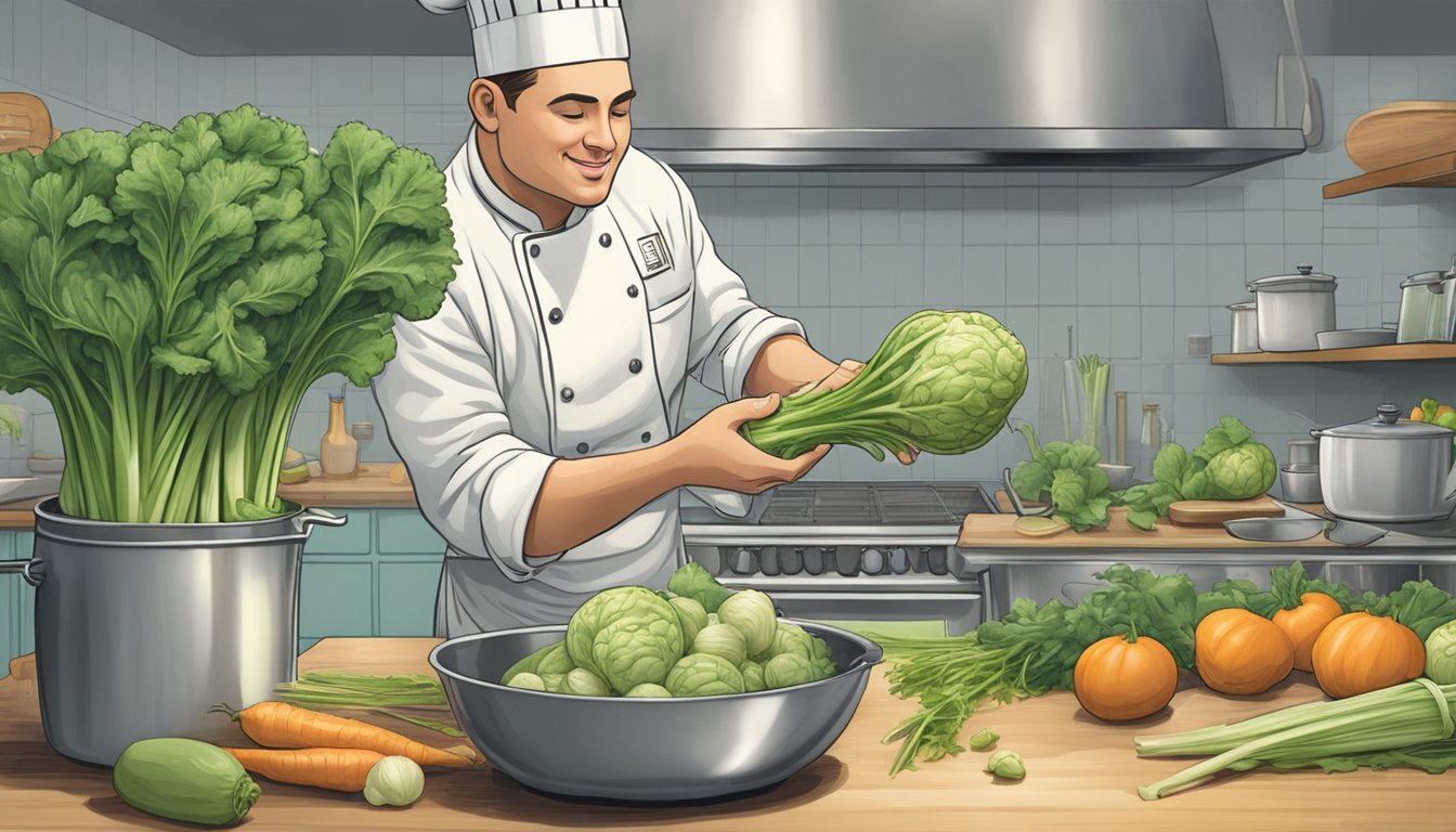 A chef reaching for celeriac instead of celery in a bustling kitchen