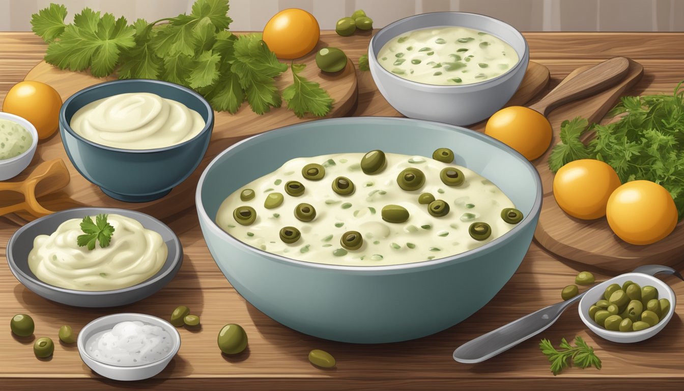 A bowl of tartar sauce with capers replacing green olives, surrounded by ingredients and utensils on a wooden countertop