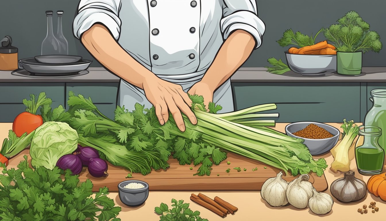 A chef's hand swaps out celery for celeriac, surrounded by various herbs and spices on a kitchen counter