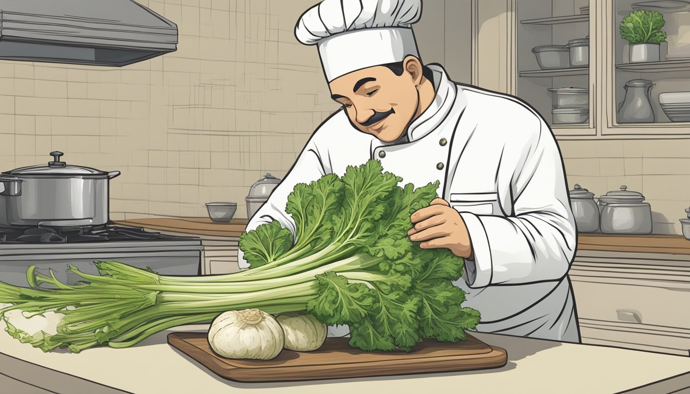 A chef in a kitchen, holding a celeriac and celery, comparing their appearance and texture. A cookbook open on the counter showing a recipe for substitution