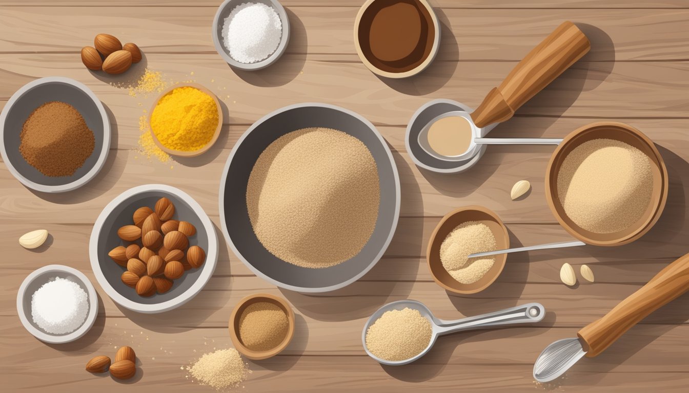 A bowl of chestnut flour next to a bowl of almond flour, with measuring spoons and ingredients scattered around on a wooden countertop