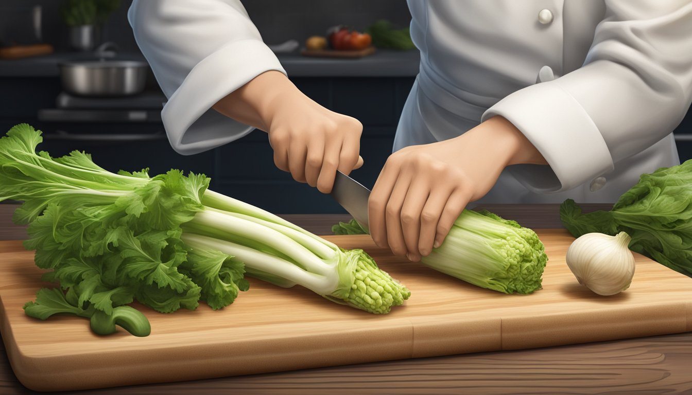 A chef reaching for celeriac and celery on a wooden cutting board, with various other vegetables in the background