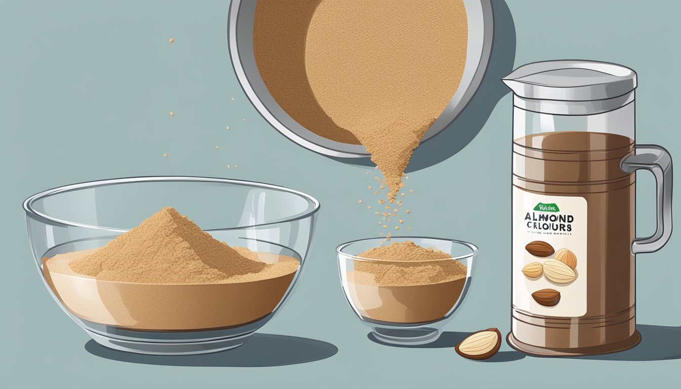 A bowl of chestnut flour sits next to a bowl of almond flour. A measuring cup pours chestnut flour into a mixing bowl