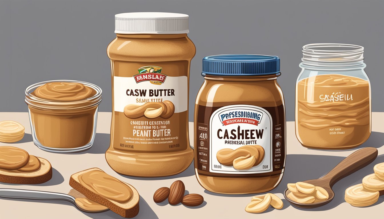 A jar of cashew butter sits next to a jar of peanut butter, with a spoonful of each spread on a slice of bread, showcasing their different textures and consistencies