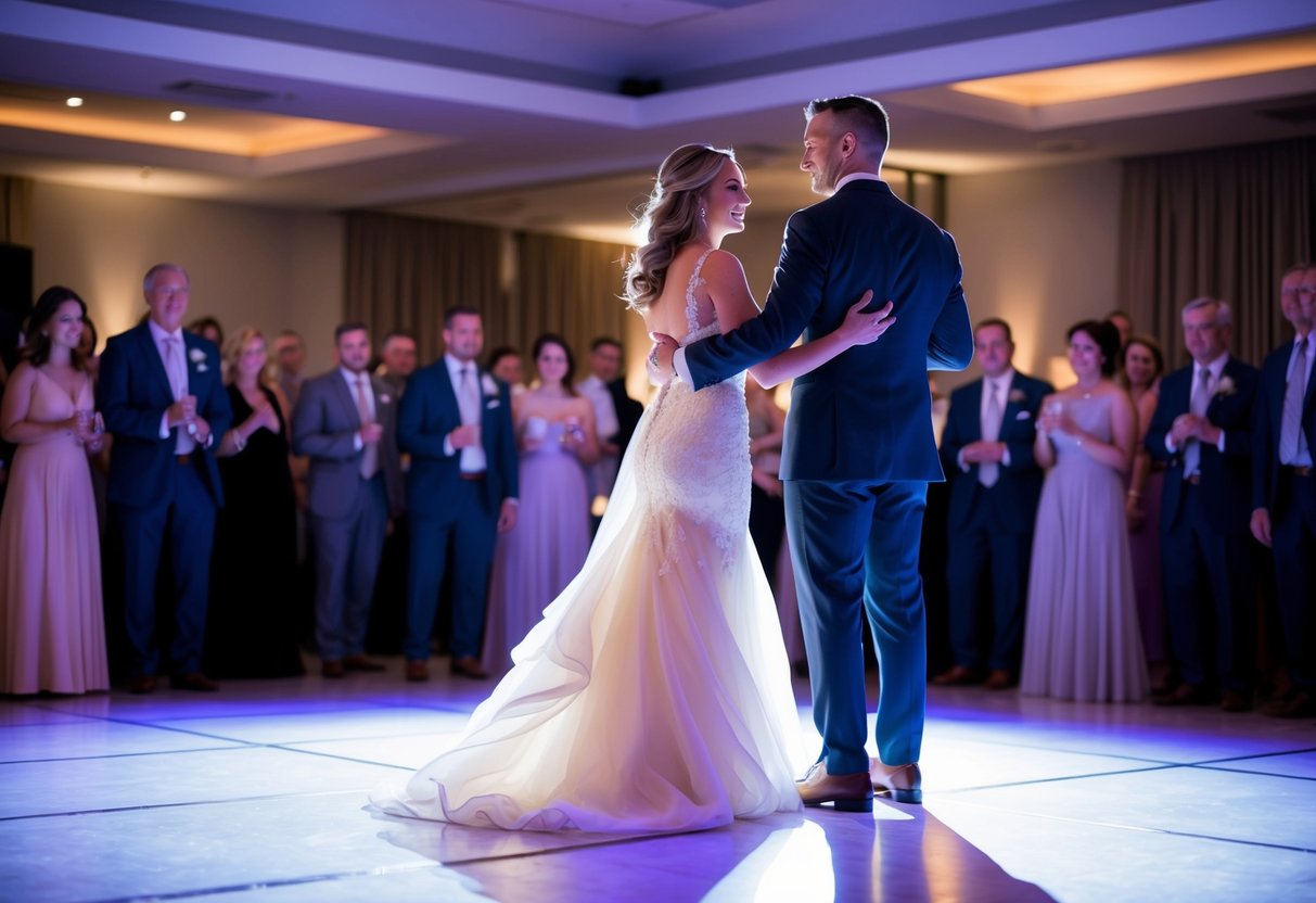 A couple stands alone on a spotlighted dance floor, surrounded by onlooking guests. The bride's flowing gown and the groom's sharp suit catch the light as they sway to the music