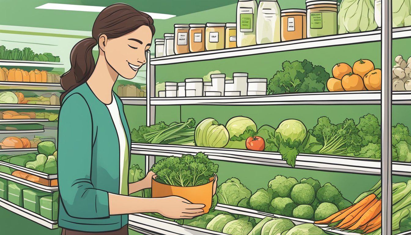 A person holding a celeriac and celery, comparing them in a grocery store. A pantry with labeled storage containers for vegetables like celeriac