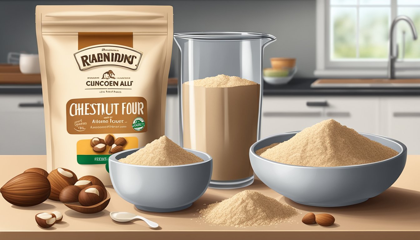 A bag of chestnut flour sits next to a bowl of almond flour on a kitchen counter, with measuring cups and spoons nearby