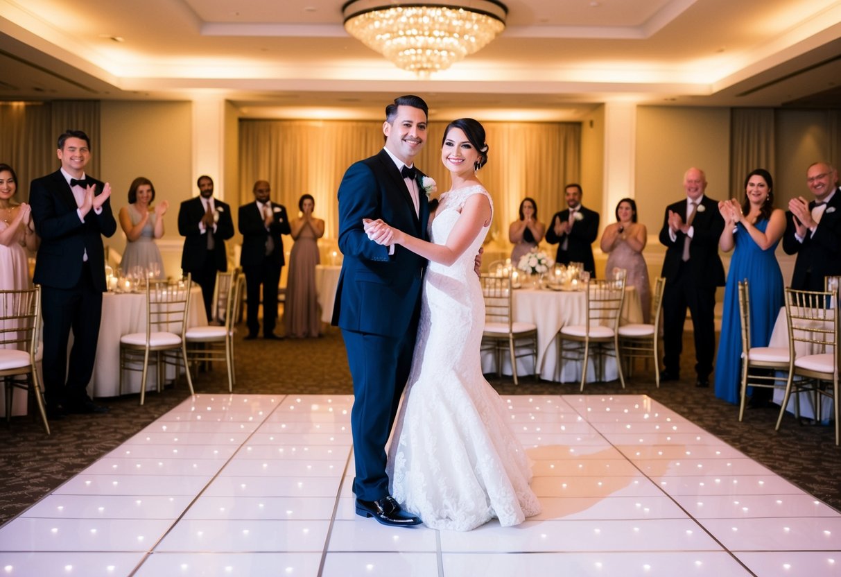 A couple stands at the center of a decorated dance floor, surrounded by tables and chairs. The room is filled with soft, warm light, and the couple is surrounded by guests, all smiling and clapping