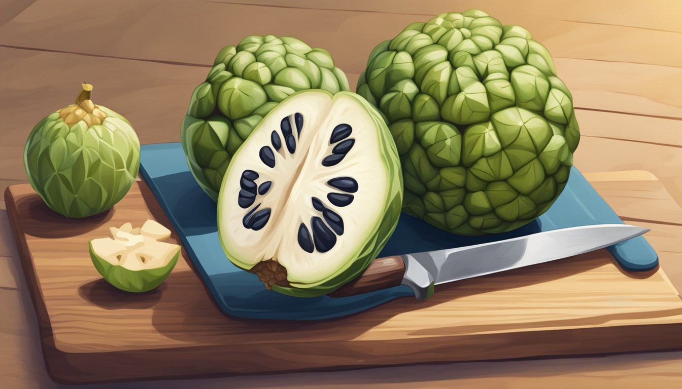 A cherimoya fruit sitting on a wooden cutting board next to a custard apple, with a knife and a bowl of fruit salad in the background