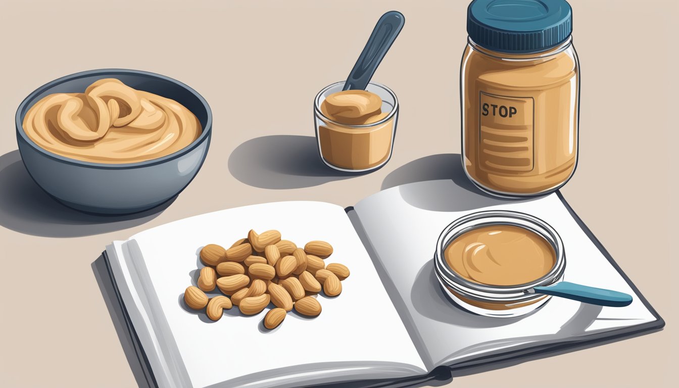 A jar of cashew butter next to a jar of peanut butter, with a measuring spoon and a recipe book open to a page about substitution ratios