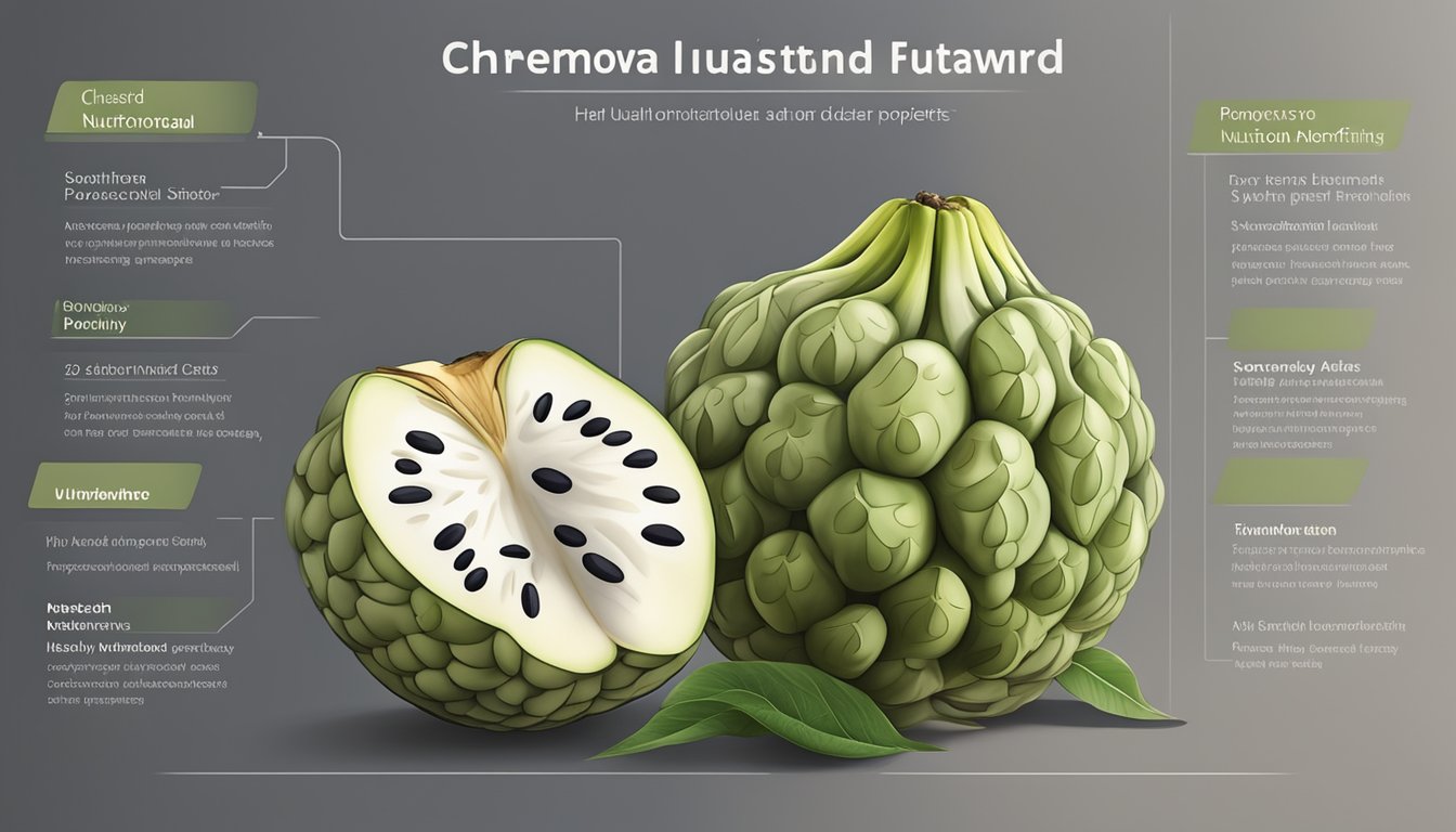 A cherimoya and custard apple side by side, with a list of nutritional benefits and health promoting properties displayed next to them