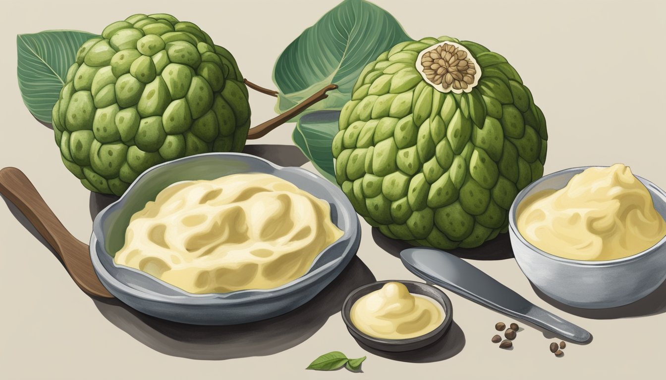 A cherimoya fruit being used in place of a custard apple in a recipe, with ingredients and utensils laid out on a kitchen counter