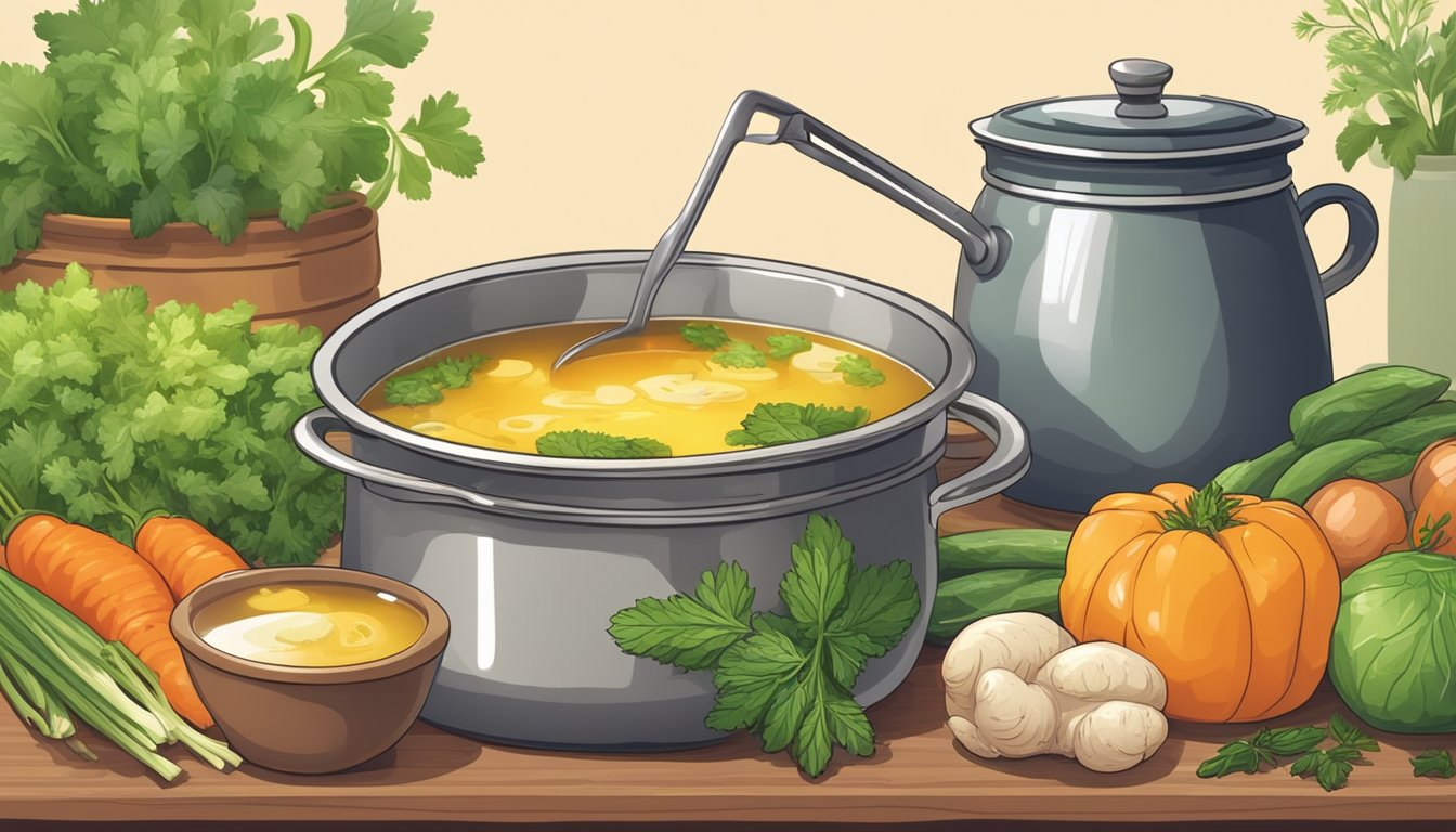 A pot of simmering broth with a ladle, surrounded by fresh vegetables and herbs. A container of chicken broth sits next to a bowl of vegetable broth