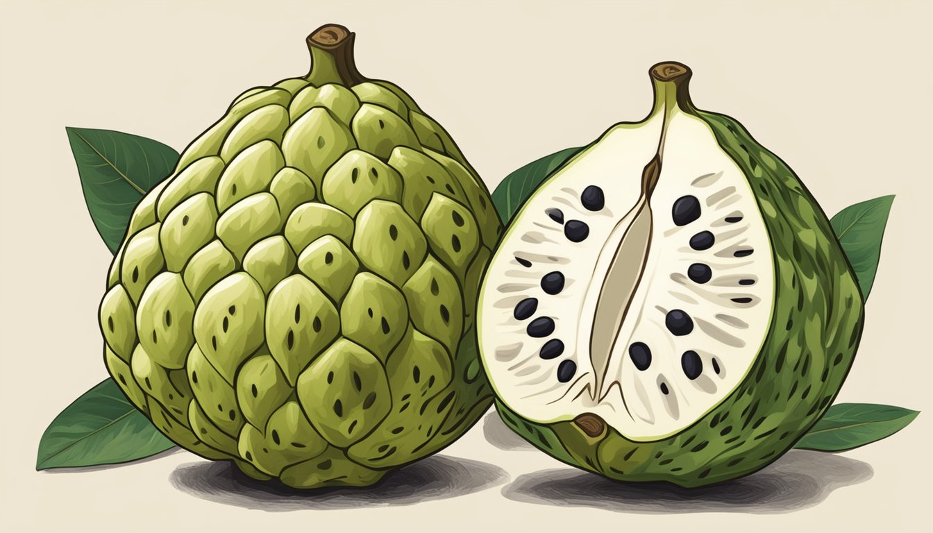 A cherimoya and a custard apple side by side, with arrows pointing to their physical and flavor characteristics