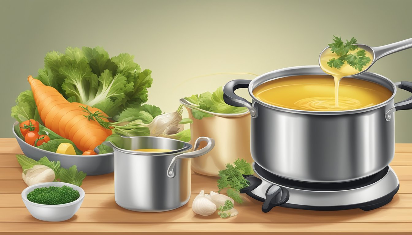 A pot of simmering liquid with vegetables and herbs, a can of chicken broth being poured into the pot