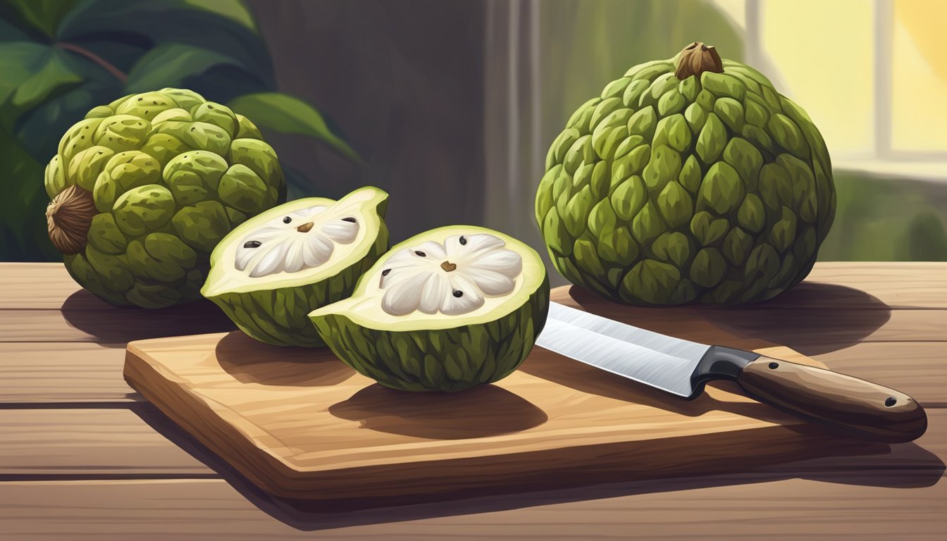 A cherimoya fruit sitting on a wooden cutting board next to a custard apple, with a knife and bowl in the background